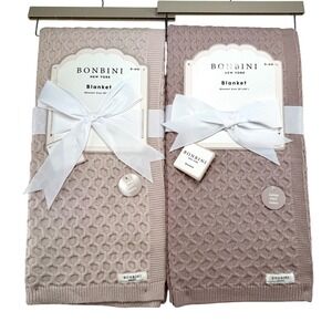 Bonbini New York Baby Blanket Set of 2 Cable Knit Beige Dusty Rose 28x38 0-6M
